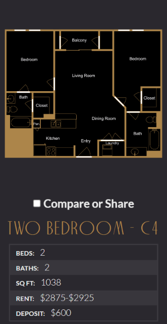 Floor plan for 2 beds, 2 baths, 1038 sqft